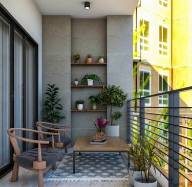 Bright sunny outdoor balcony interior design