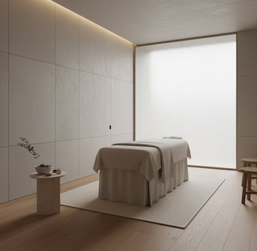 A serene and empty quiet luxury spa room with natural materials and soft, indirect lighting.