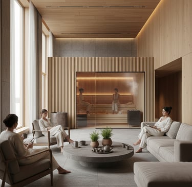 A sophisticated, minimalist architectural photo of a modern wellness club interior