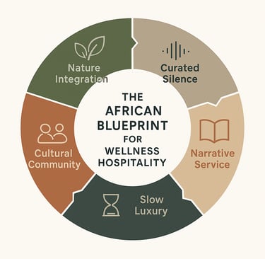 Circular diagram showing five interconnected wellness hospitality strategies from African bush lodge