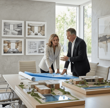 Professional spa consultant reviewing architectural blueprints with resort developer