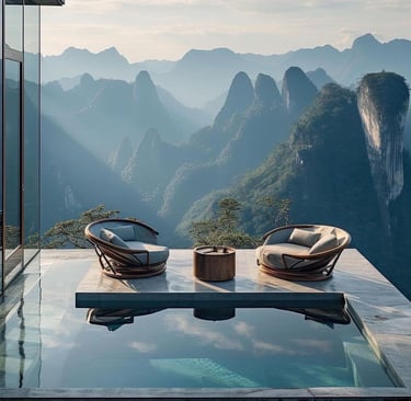 a luxury resort wellness pool and outdoor spa overlooking mountains