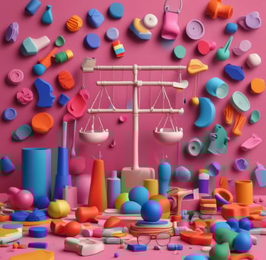 An abstract, pastel-colored, 3D-rendered representation of data analysis and search engine optimization (SEO). The image features a computer interface with various analytics symbols, including a magnifying glass, bar charts, pie charts, and a search bar with the text 'SEO'. Surrounding the interface are different objects such as a potted plant, a cup with a saucer, and a megaphone, all placed on a light green background.
