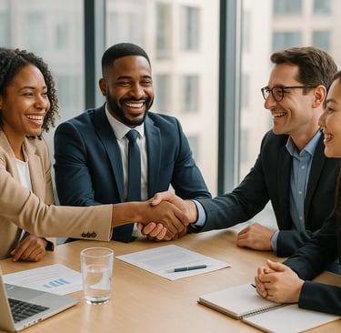 a group of people shaking hands over a table