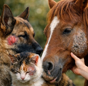 kat, hond, paard met wonden op de kop