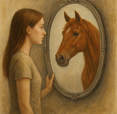 vrouw die in de spiegel kijkt en haar paard ziet