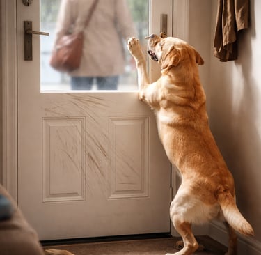hond springt tegen de deur terwijl de baas het huis verlaat