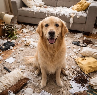 hond alleen thuis en de bank en kussens kapot gemaakt