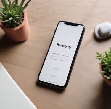 A smartphone displaying a Shopify webpage with the text 'Start your business' rests on a white surface. Next to it lies a closed notebook with geometric shapes on its cover and a sharpened pencil. A small succulent plant is visible in the top left corner.