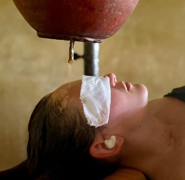 Alena Booth, founded of Grateful Minds on her Panchakarma retreat in India, Shirodhara