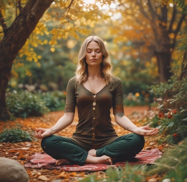 a woman meditating in the forest