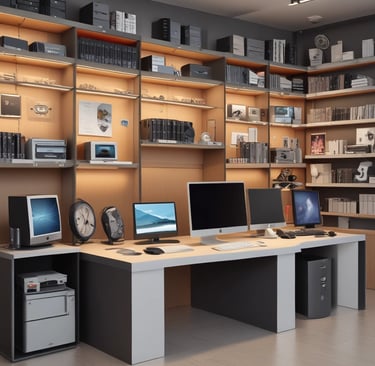 A retail store interior featuring a poster for phone repair, showcasing various smartphone images and the slogan 'You Break It, We Fix It!'. An ATM machine is positioned nearby, and a glass display case contains various products such as watches and small electronic items. Shelves under the counter hold boxed products.