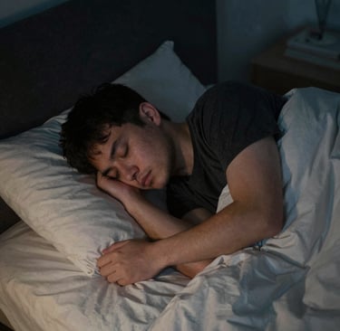 a man sleeping on a bed next to a bottle homeopathic coffea