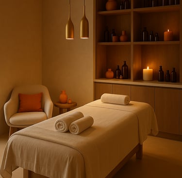 a massage room with a bed and a chair