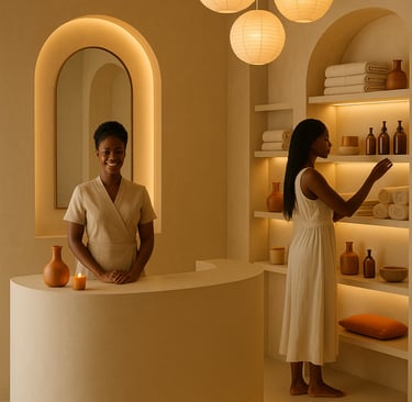 a woman in a white dress standing in front of a counter in a spa institut