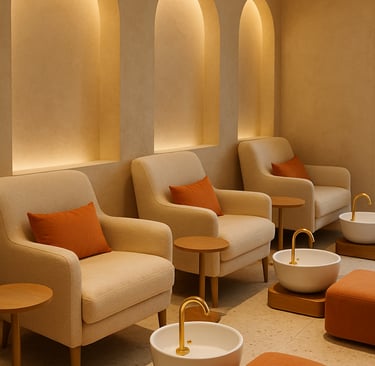 a room with a lot of chairs and a table . a pedicure station