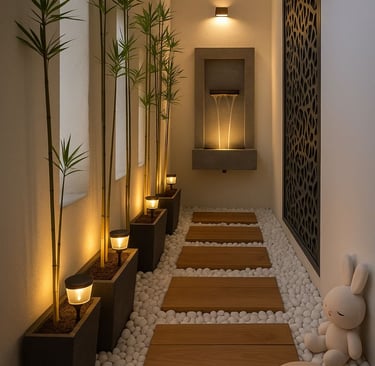 a hallway with a long row of wooden benches and candles