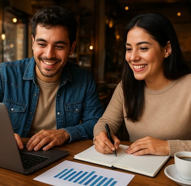 Dos emprendedores analizando su empresa en un restaurante con computadora y estadísticas
