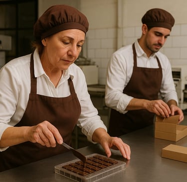 Mujer y joven elaborando y empacando bombones artesanales en fábrica de chocolate