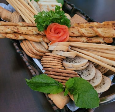 a tray of crackers and crackers on a table