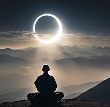 homme qui medite face a une eclipse de soleil sur une montagne, bien-etre, retour a soi,  magnetiseur nantes chrsophe meunier