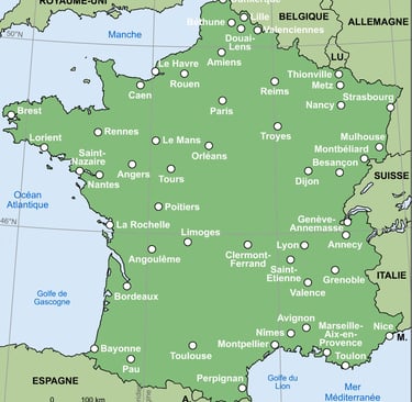 carte de france - magnetiseur teleconsultation nantes, paris, toulouse, lyon, brest, angers, tours