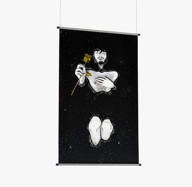 a man holding a flower in front of a black and white banner