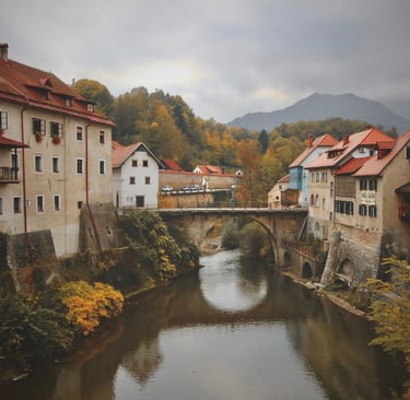 a bridge over a river with houses and trees
