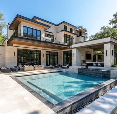 A gorgeous modern home exterior with pool