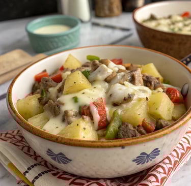 a bowl of food with potatoes, peppers, beef, and cheese