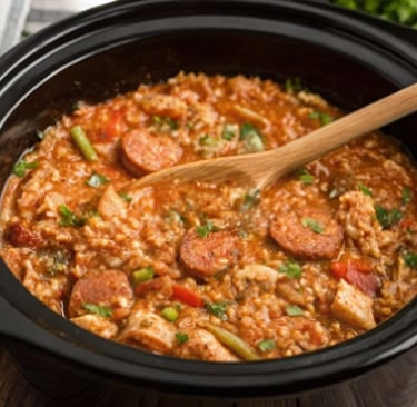 slow cooker with jambalaya