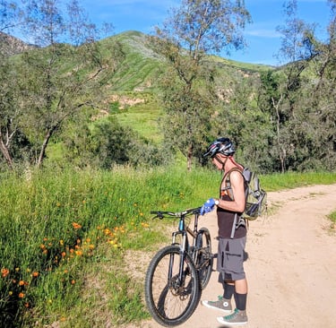  Mountain biker stopping on Southern California trail on a warm day with wildflowers blooming