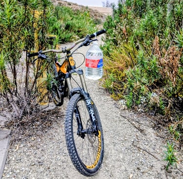 Mountain bike with Fox 36 fork leaning against trailside brush next to a distilled water jug used fo