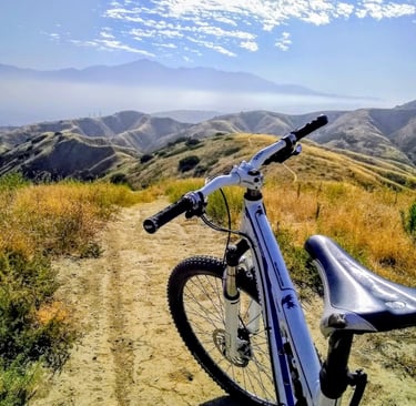 Close up of ODI lock-on MTB grips on white mountain bike handlebars on a Southern California dirt tr