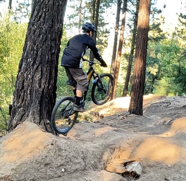 Mountain biker struggling to get the rear wheel to lift off a small jump
