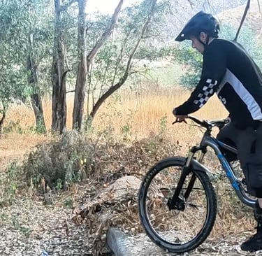 mountain biker approaching small ledge preparing for wheelie drop technique