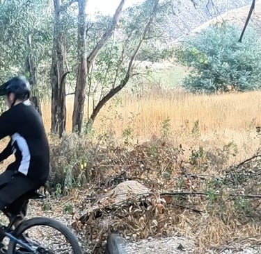 mountain biker landing wheelie drop with level pedals and both wheels touching down smoothly
