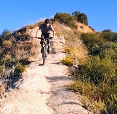 Mountain biker riding down a rocky singletrack trail in Southern California scrubland