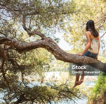 Femme perchée sur une branche, expérimentant lâcher-prise et connexion à la nature"