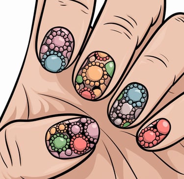 a illustrated hand with clusters of dot art on the finger nails