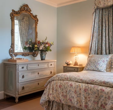 a floral bedroom with a bed and a dresser