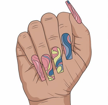  hand with 3 color swirl art on the finger nails