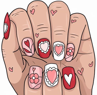 a woman's hand painted nails with hearts on them