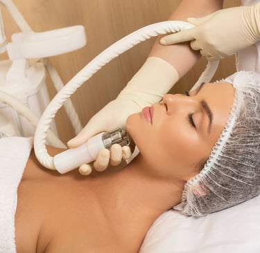 a woman is getting her facelift done by a professional hairdress