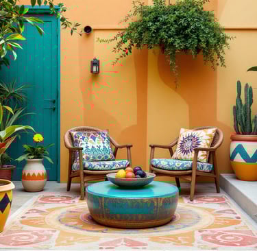 boho garden with a patio with a colorful patio furniture