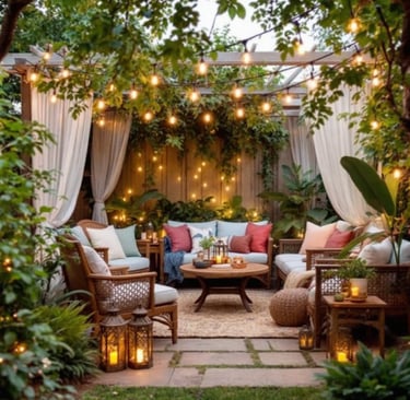 a boho garden patio with a couch and a table with candles