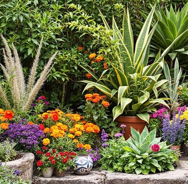 a boho garden with potted plants and potted plants