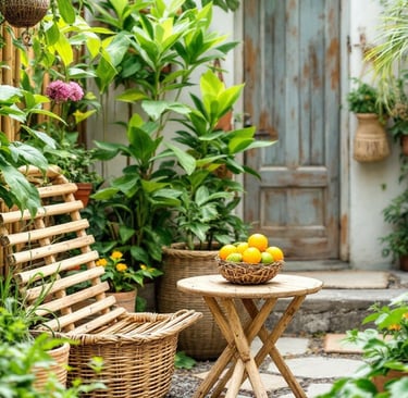boho garden with a table with a basket of oranges and a basket of oranges