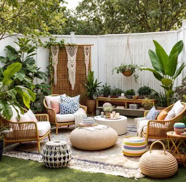 a boho garden patio with a rug wicker furniture