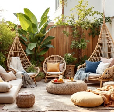 a boho garden with a wicker chair and a table